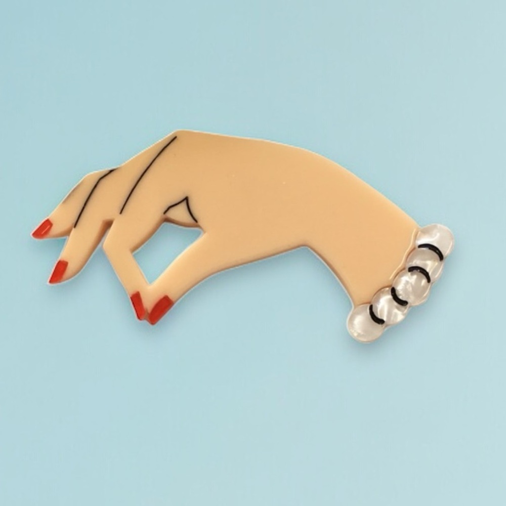 Need a hand? Acrylic Ladies Hand Retro brooch by Lipstick & Chrome